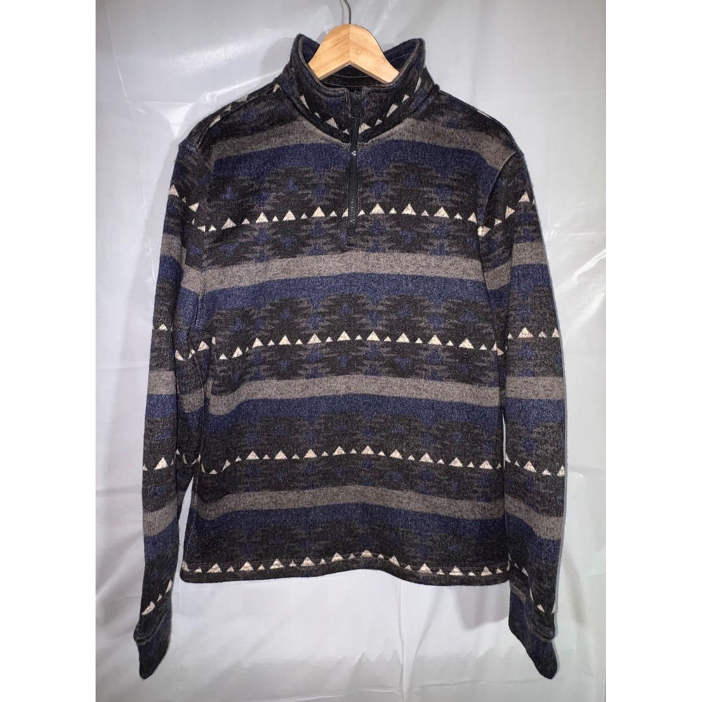 Lucky Brand Mens M Los Feliz Southwestern Quarter Zip Pullover Sweater Blue Gray